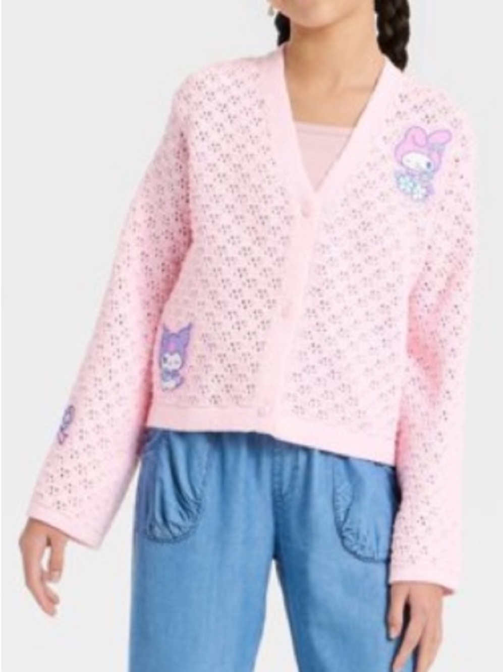 Girls' My Melody and Kuromi Open Work Cardigan crochet 
Sweater Pink Sz 14 XL
